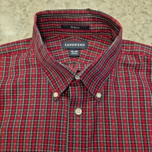 Lands' End Button Down Shirt Red Green Black Plaid Long Sleeve Sz 16/35 ~ New